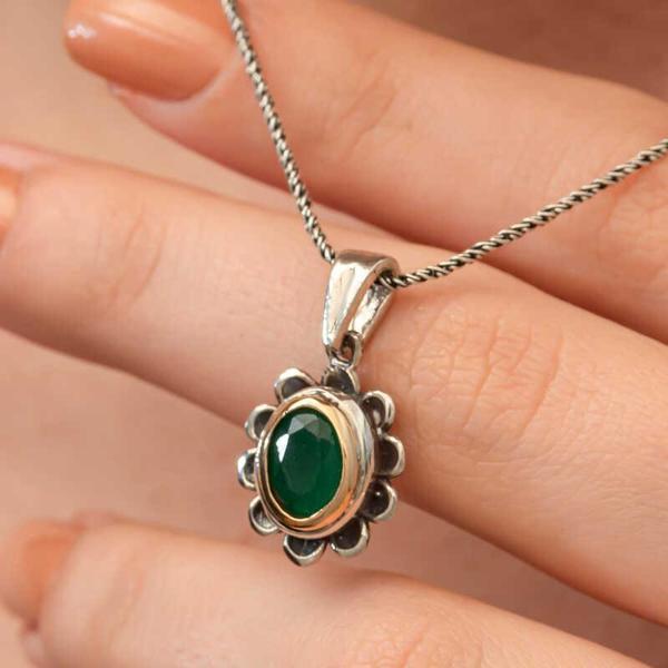 Gümüş Yeşil Çiçek Desenli Otantik Kadın Kolye SL9643 - Image 1