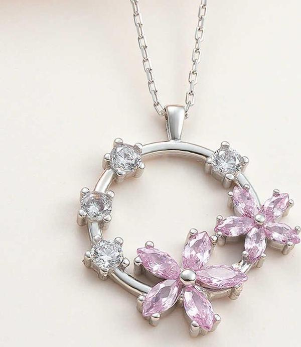 Gümüş Pembe Çiçek Kadın Kolye SL5994 - Image 1