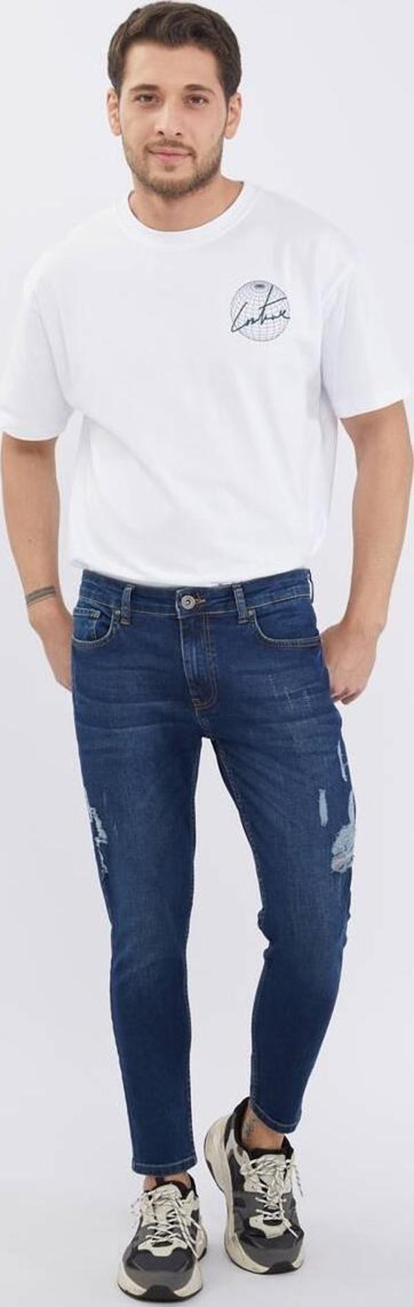 Erkek Lacivert Bilek Boy Yırtık Skinny Fit Jean Pantolon - Image 1