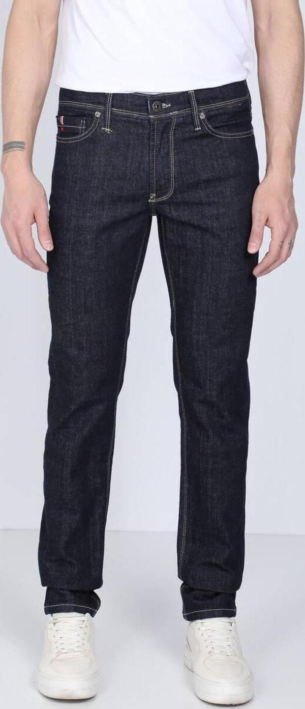 Erkek Lacivert Kontrast Dikişli Jean Pantolon - Image 1