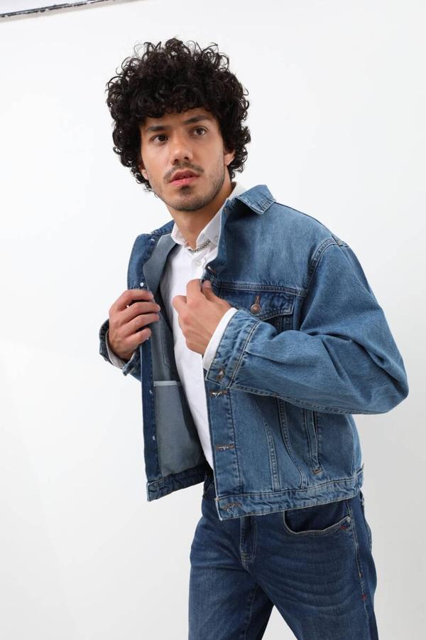 Erkek Düğmeli Regular Fit Jean Ceket Mavi - Image 1