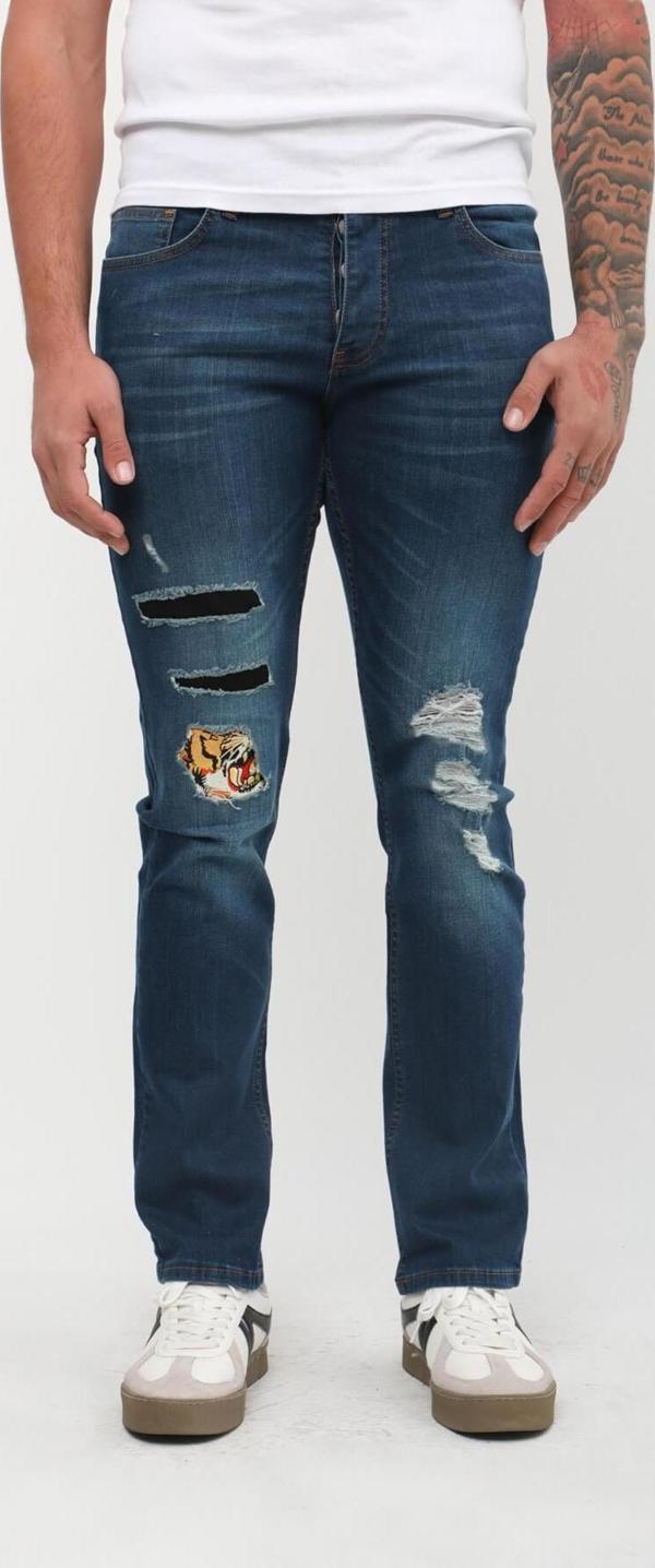 Erkek Straight Fit Yama Detaylı Jean Pantolon - Image 1