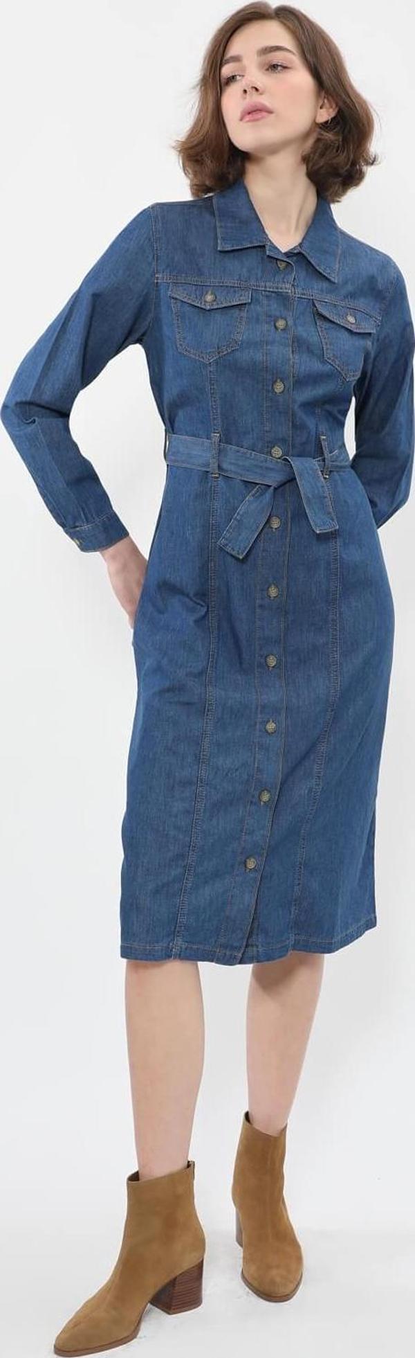 Kadın Önden Düğmeli Kemerli Jean Elbise - Image 1