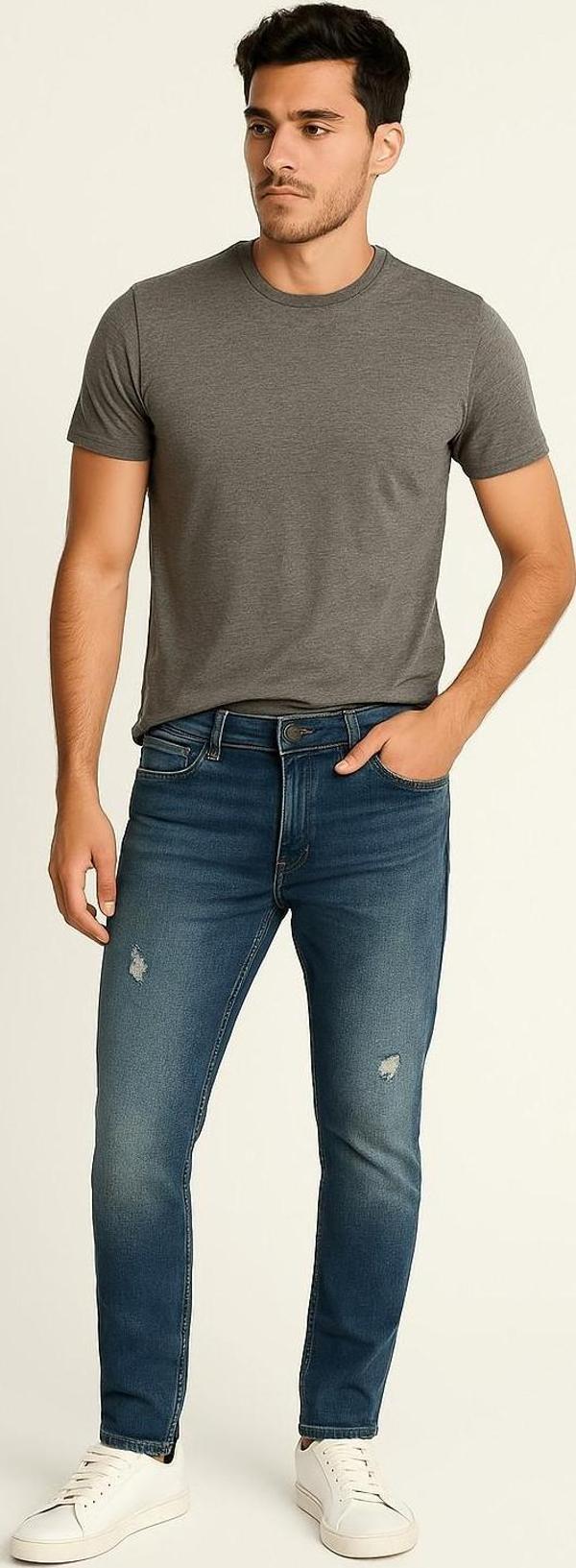 Erkek Yırtık Detay Likralı Skinny Fit Açık Mavi Jean Pantolon - Image 1