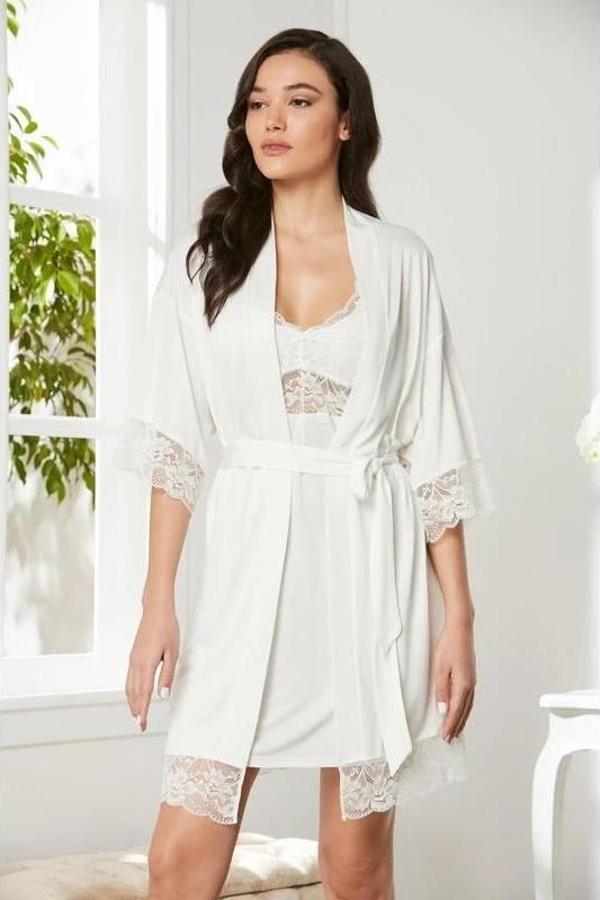 Pierre Cardin Dantelli Penye Gecelik Sabahlık Takımı Ekru - Image 1