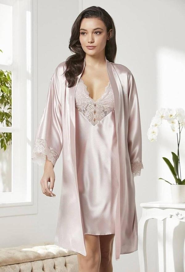 Pierre Cardin Kadın Dantelli Saten Kısa Sabahlık Gecelik Takım - Image 1