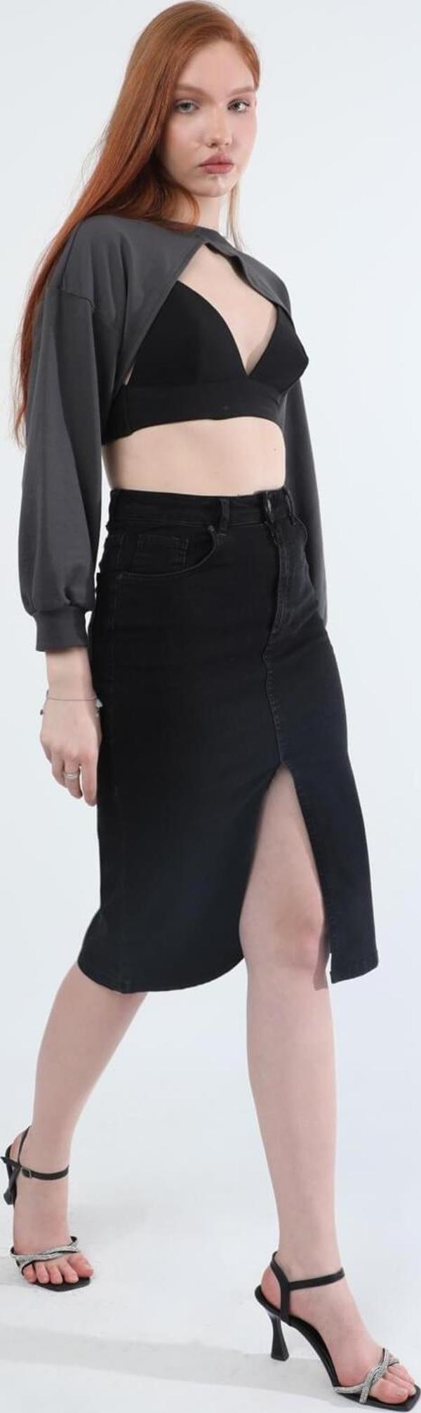 Önden Yırtmaçlı Likralı Midi Jean Etek - Image 1