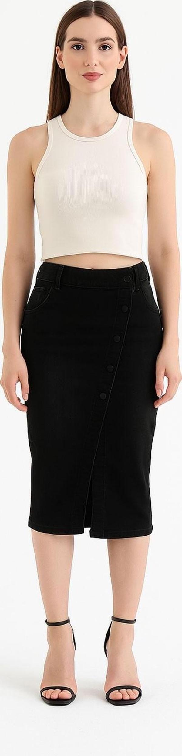 Önü Yan Düğmeli Midi Boy Likralı Siyah Jean Etek - Image 1