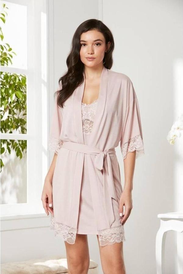 Pierre Cardin Dantelli Penye Gecelik Sabahlık Takımı Pudra - Image 1