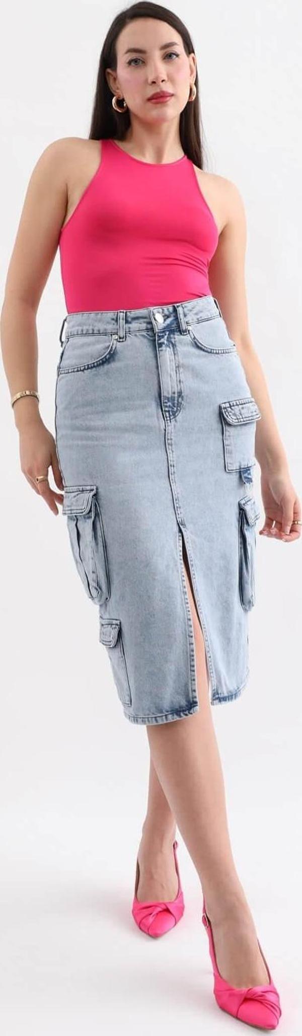 Kadın Kargo Cepli Önden Yırtmaçlı Jean Etek Buz Mavi - Image 1