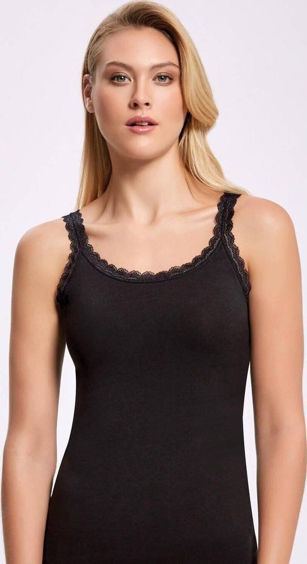 Likralı Askısı Dantelli İp Askı Siyah Kadın Atlet    3 Adet - Image 1