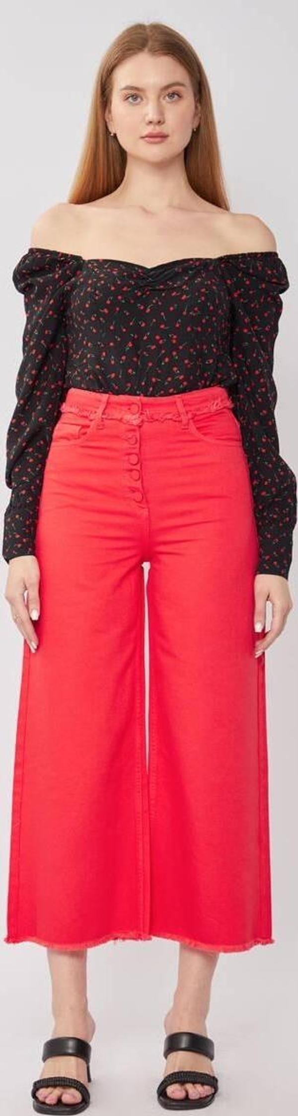 Kadın Püskül Detaylı Culotte Pantolon Kırmızı - Image 1