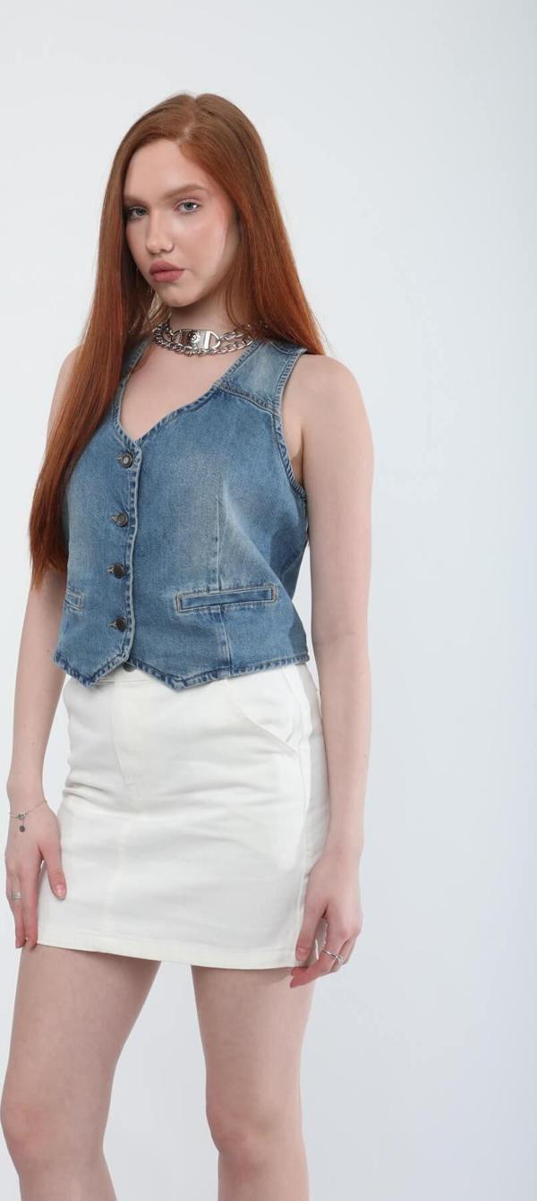 Kadın V Yaka Düğmeli %100 Pamuk Jean Yelek - Image 1