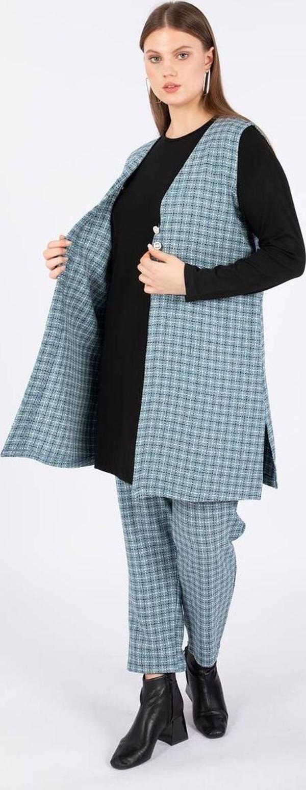 Kadın Büyük Beden Kareli Yelekli Takım 3'lü Mavi - Image 1