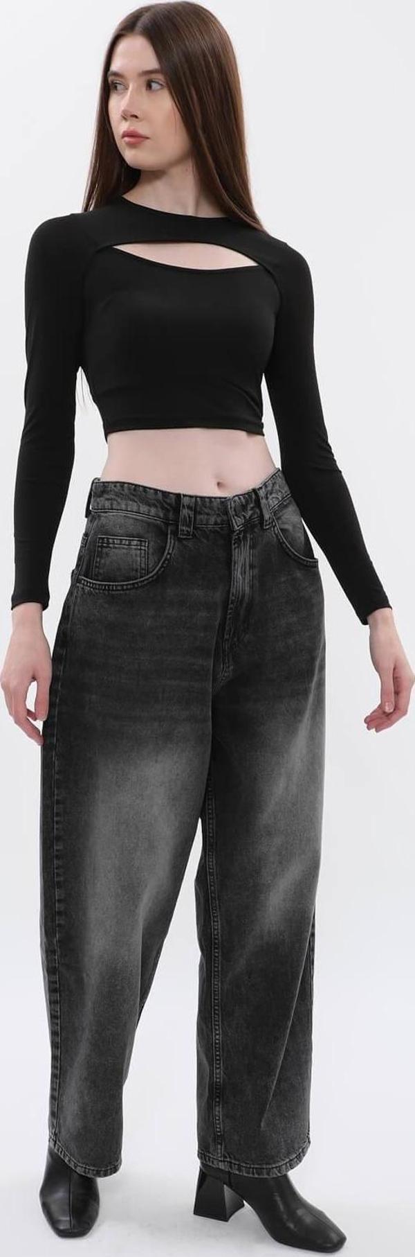 Kadın İspanyol Paça Yüksek Bel Jean Pantolon Antrasit - Image 1
