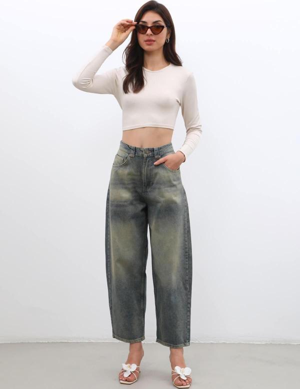 Kadın Yüksek Bel Skater Fit Jean Pantolon Tint Yeşil - Image 1