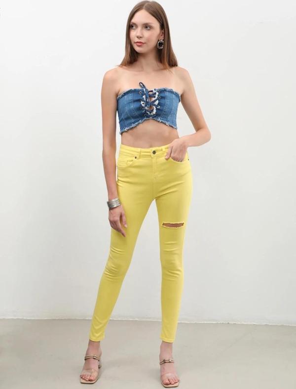 Kadın Yırtık Detaylı Jean Pantolon Sarı - Image 1