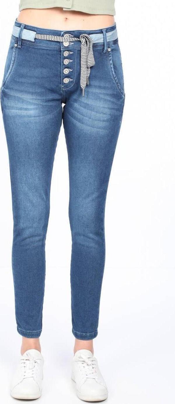 Kadın Belden Bağlamalı Jean Pantolon Mavi - Image 1