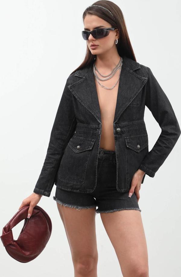 Kadın Uzun Kollu Tek Düğmeli Jean Ceket Siyah - Image 1