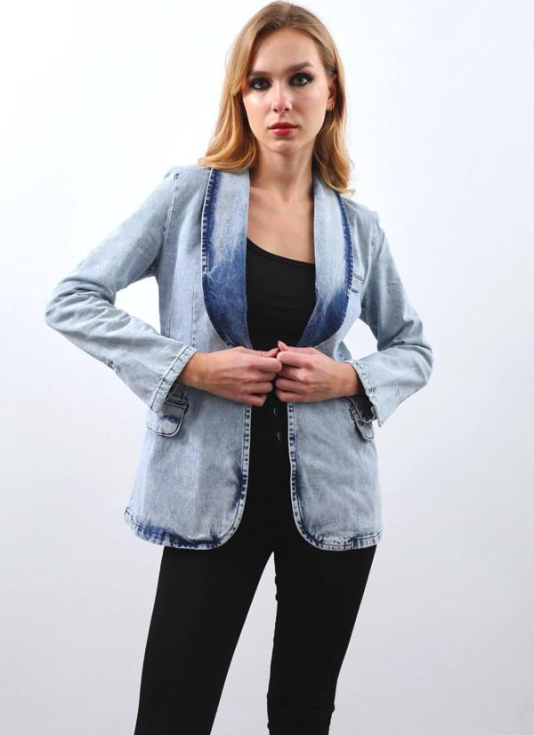 Kadın Uzun Kollu Tek Düğmeli Jean Ceket Buz Mavi - Image 1