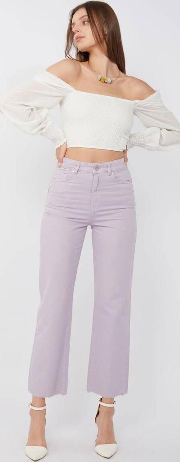 Kadın Basic Paçası Kesik Jean Pantolon Lila - Image 1