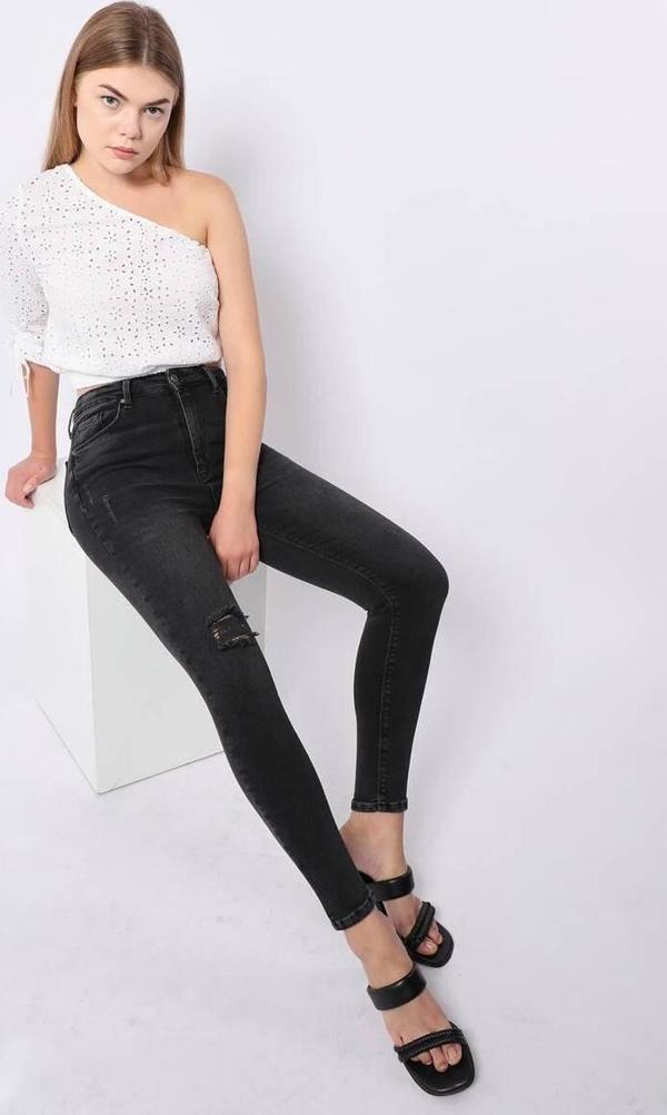 Kadın Antrasit Dizi Yırtık Süper Skinny Fit Jean Pantolon - Image 1