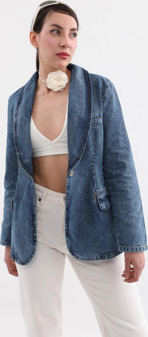 Kadın Uzun Kollu Tek Düğmeli Jean Ceket Mavi - Image 1