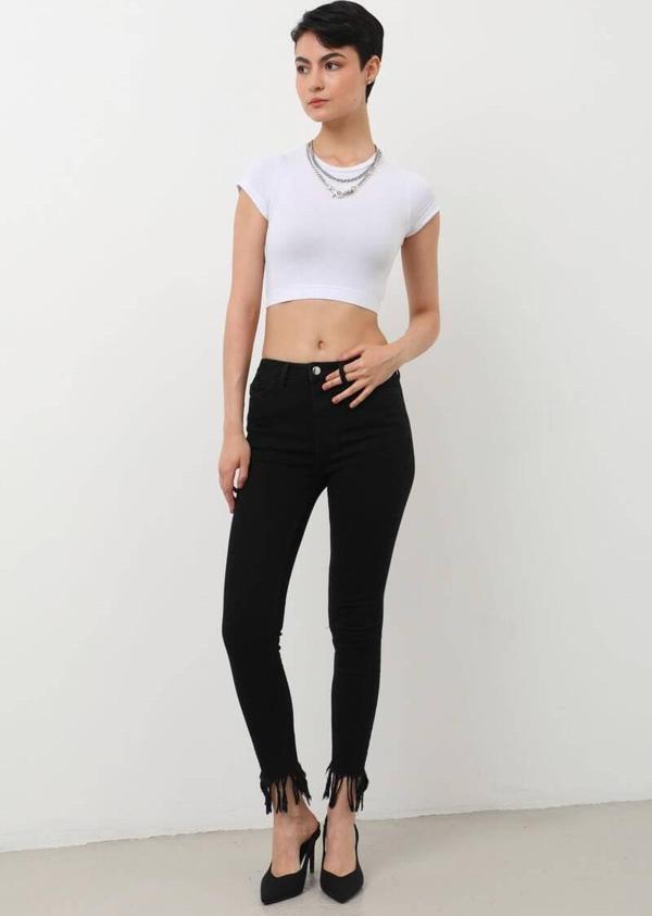 Kadın Skinny Fit Paçası Saçaklı Jean Pantolon Siyah - Image 1