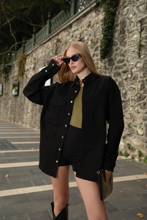 Kadın Oversize Jean Gömlek Siyah - Image 1