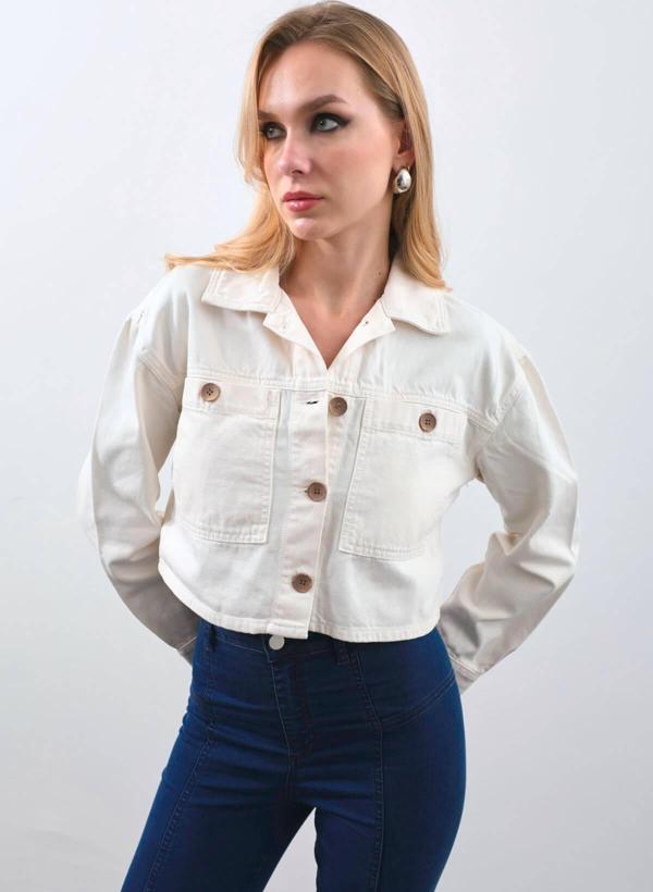 Kadın Ekru Crop Kesim Jean Ceket - Image 1