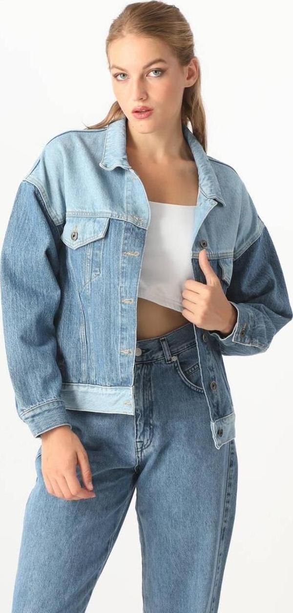 Kadın Renk Bloklu Oversize Jean Ceket Mavi - Image 1