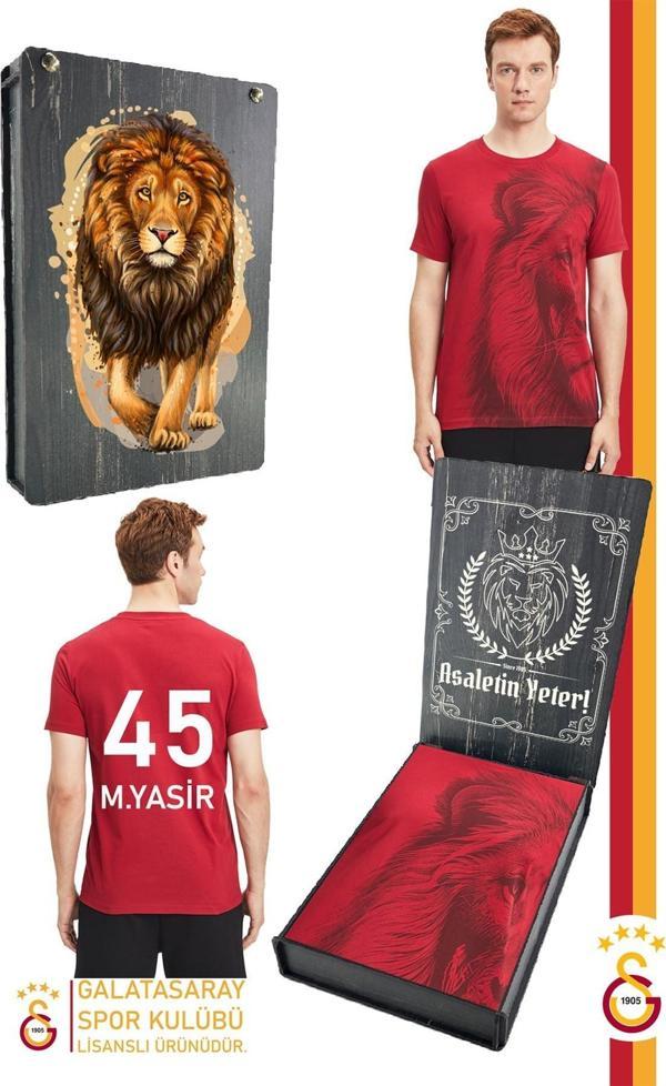 Galatasaray Orijinal Lisanslı Aslan Baskılı Kişiye Özel T-Shirt Hediyelik Ahşap Kutul - Image 1
