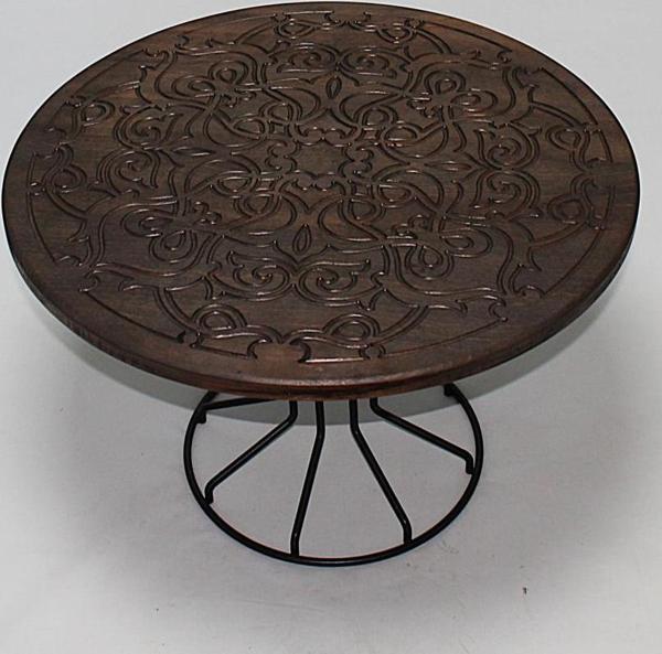 Eskitme Ahşap  Oymalı Yuvarlak  Sehpa 66x66x46 cm.Renk Klasik ceviz - Image 1