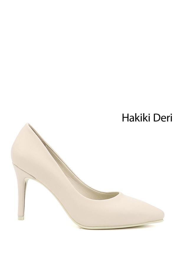 Kadın Bej Sivri Burun İnce Topuklu Hakiki Deri Stiletto - Image 1