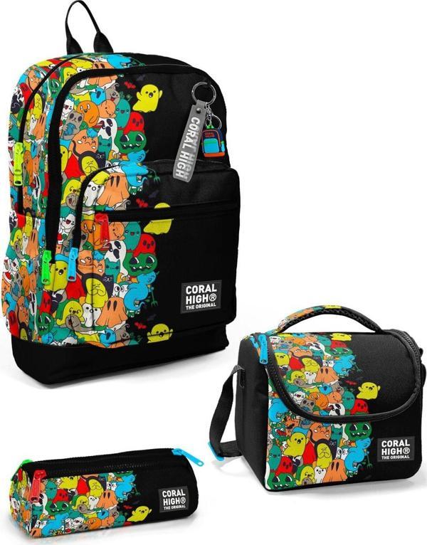 Coral High Kids Siyah Karikatür Desenli 3’lü Okul Çanta Seti SET0123774 - Image 1