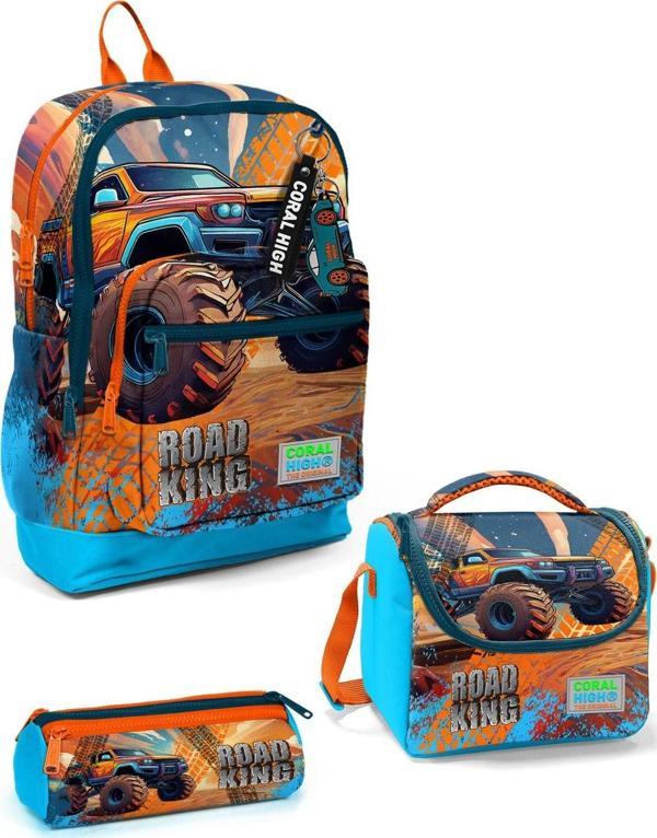 Coral High Kids Mavi Turuncu High Wheels Truck Desenli 3’lü Okul Çanta Seti SET0123778 - Image 1