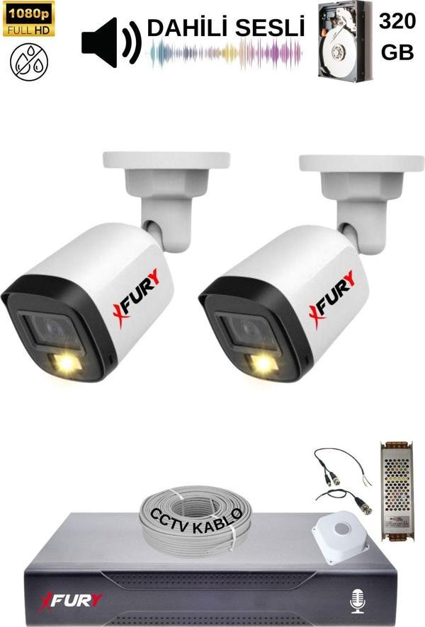 FURY 2 Kamera Sesli Gece Renkli Güvenlik Kamerası Full Hd-Su Geçirmez Güvenlik Kamerası Seti 320GB - Image 1