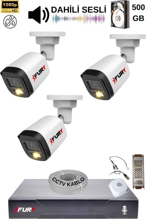 FURY 3 Kamera Sesli Gece Renkli Güvenlik Kamerası Full Hd-su Geçirmez Güvenlik Kamerası Seti 500gb - Image 1