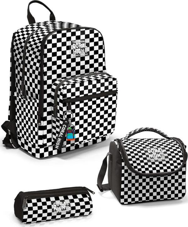 Coral High Siyah Beyaz Dama Desenli 3’lü Okul Çanta Seti SET0123677 - Image 1