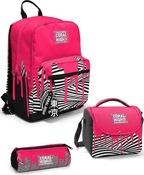 Coral High Pembe Siyah Beyaz Desenli 3’lü Okul Çanta Seti SET0123678 - Image 1