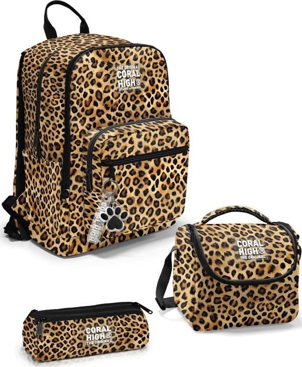 Coral High Kahverengi Leopar Desenli 3’lü Okul Çanta Seti SET0123681 - Image 1