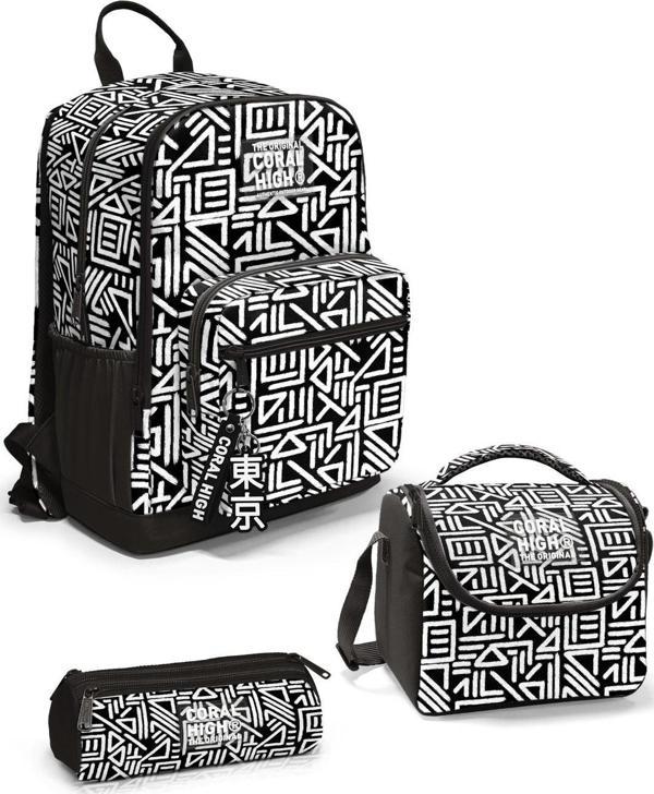 Coral High Siyah Beyaz Geomatrik Desenli 3’lü Okul Çanta Seti SET0123682 - Image 1
