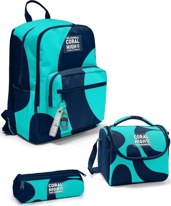 Coral High Lacivert Turkuaz Desenli 3’lü Okul Çanta Seti SET0123686 - Image 1