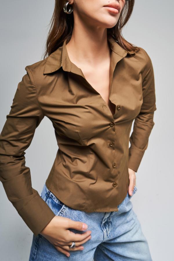 Kadın Haki Renk Esnek Kumaş Slim Fit Belden Oturmalı %100 Pamuk Gömlek - Image 1