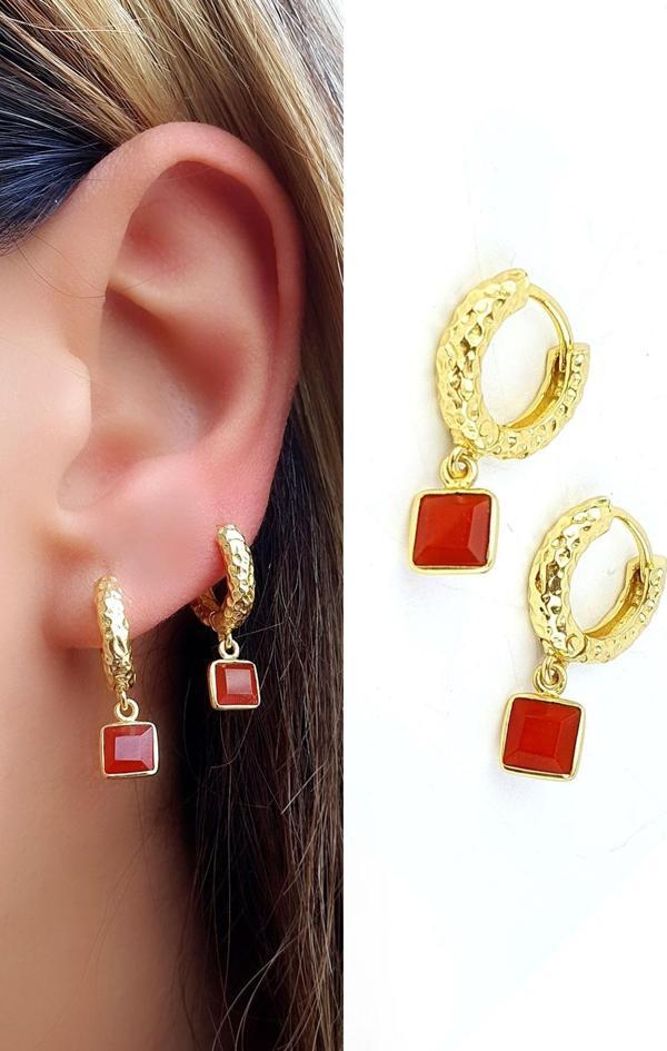 Akik taşlı 925ayar gümüş üzerine altın kaplama minimal Sallantılı Halka küpe 1 cm  - Image 1