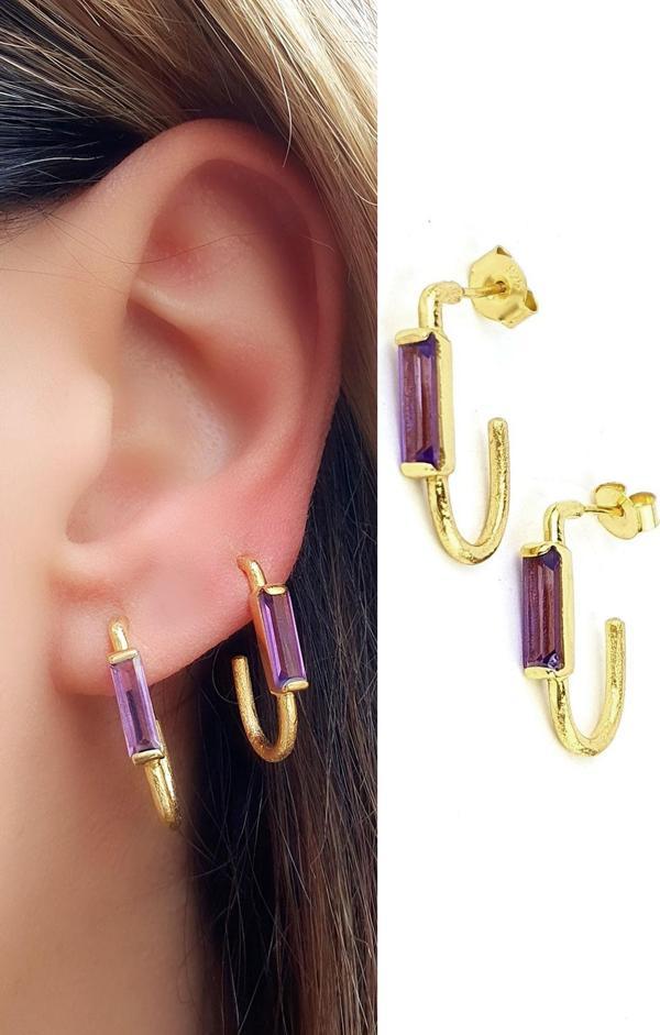 Ametist Taşlı 925ayar Gümüş Üzerine Altın Kaplama Tasarım Oval Halka Küpe  - Image 1