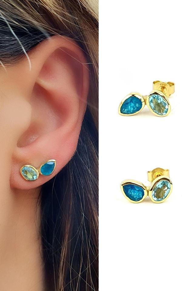 Aquamarin Taşlı 925ayar Gümüş Üzerine Altın Kaplama Tasarım küpe - Image 1