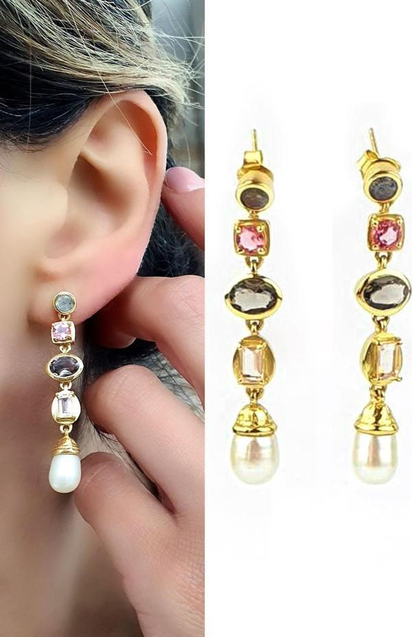 İnci sitrin dumanlı kuvars  turmalin ve Labrodorite Taşlı 925ayar Gümüş uzerine altin kaplama Tasarım küpe - Image 1