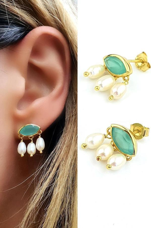 Kalsedon ve Barok İncili 925 ayar Gümüş Tasarım Göz Küpe  - Image 1