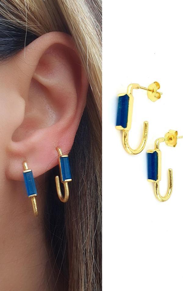 Mavi akik  Taşlı 925ayar Gümüş Üzerine Altın Kaplama Tasarım Oval Halka Küpe  - Image 1